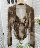 Explosion Tie-Dye-Print Long Sleeve Bottom Sexy Hottie V-Neck T-Shirt Folded Slimming Mesh Yarn Top