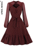Lantern Long Sleeves Polka Dot Printed Midi Dress Women Elegant Vintage Hollow Out Autumn Swing Pinup Dresses Robe