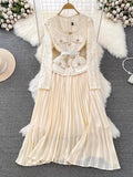 And Autumn Korean Version Of Socialite Temperament Fake Two Long-Sleeved Square Collar Lace Receiving Waist A Large Swinging Pleated