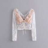 New Women's Low-Chest Romance V-Neck Long Sleeves After The Hollow Bubble Bubble Sleeve Lace Tset