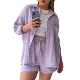 Women's Wrinkle Collar Long-Sleeved Shirt High-Waisted Rope Shorts Fashion Casual Two-Piece