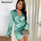 Satin Shirt Dress Women Autumn Solid Turn-down Collar Single-breasted Long Sleeve Elegant Ruched Mini Dress