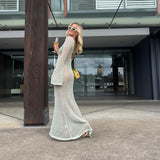 Women's Summer Long Knit See-through Beachwear Solid Color Flare Long Sleeve O Neck Hollow Backless Cover Up