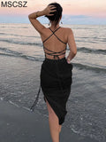 Backless Sexy Beach Party Dress Women Spaghetti Strap Drawstring Ruched Long Dress Cross Bandage Bodycon Summer Dress