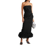 Fashion Elegant Strapless Back Split Feather Patchwork Wedding Party Long Dress Woman Summer Solid Satin Tunics Prom