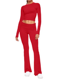 Long Sleeve Cropped Top Fold-over Flare Pants Set-Outfit