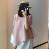 Folding Top Short Top Design Women's Niche Summer Asymmetrical Loose Large-Size Round Collar T Shirt Short