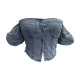 Real Shot Shoulder Bubble Short Sleeves Denim Shirt Design Hot Girl Collar Small Short Top