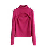 2021 Spring Hollow Out T-shirts Woman Slim Knitted Turtleneck Tops Tee Long Sleeve Sexy Ladies