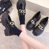 Women Spring New Black Platform Flats Shoes Women Loafers Slip on Boat Shoes Metal Chain Designer Casual Leather