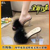 New Summer Sexy High-Heesed Slippers Women's Korean Version Of Rough And Feather Slippers Transparent Belt