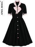 Spring Green Shirt Women Tunic Midi Dress Button Bow Neck Design 1920s 50S 60S Retro Vintage Cotton Swing Dresses For