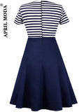 Striped Vintage Summer Flare Tunic Dress High Waist Buttons Short Sleeve Women Clothing Patchwork 60s Rockabilly