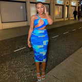 Hollow Out Inclined Shoulder Madi Dress Women Summer Blue Backless Sleeveless Bodycon Beach Sexy Long
