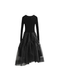 Women Knit Patchwork Crew Neck Black Dress Baggy Long Sleeve Pleated Lady Temperament Mid Long Frocks 2023 Autumn Winter