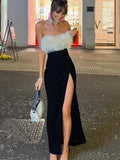 Fur Trim Black Slit Tube Midi Dress-Outfit