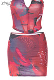 Aesthetic Print Women Y2K Two Piece Set 2023 Casual Elegant Corset Top+Mini Skirt Night Club Party Matching