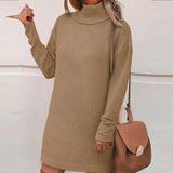 Women Straight Knitted Dresses Fashion Autumn Winter Loose Party Sweater Dresses Chic Long Sleeve High Collar Mini