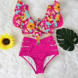 Ruffled Hem Bikini Set Women Flora V-Neck High-Waisted Two Piece Swimsuit 2023 Girl Beach Bathing Suit Swimwear