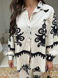 Printed Lace Up Casual Loose Pants Suit Women Chic Lapel Long Sleeves Shirt 2 Piece Sets 2024 Fashion Lady Street