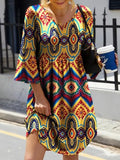 Elegant Lady 3/4 Sleeve Loose A-Line Dress Vintage Printed Waist Beach Dress Vestidos Women Retro O-Neck Mini Boho