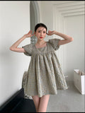 Plaid Puff Sleeve Summer Babydoll Dress Women Summer Short Sleeve Cotton Casual Mini Dress Korean Fashion