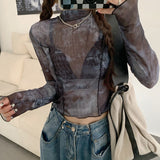 Sheer Mesh Top T-shirt Women Clothes Long Sleeve 2022 New Spring Summer Korean See Through Crop Top Tshirts Y2k