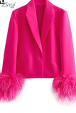 Fuchsia Cropped Blazer Woman New In Short Feather Coats And Jackets Long Sleeve Blazers For Women Elegant Stylish