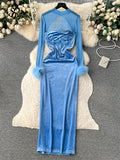 Sexy Velvet Patchwork Dress Hollow Out Mesh Long Sleeves Fur Design Slim Autumn France Chic Ladies Evening Party