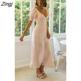 Backless Cross-Tie Dress Women Summer Dress 2022 New Cotton Solid V-Neck Short Puff Sleeves Lace-up Slim A-line Long
