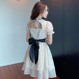 French Broken Flowers Dress Hollow Out Bow Puff Short Sleeve Casual Fashion High Waist Baggy Short Skirt Ladies