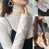 Retro T Shirt Sexy See Through Solid Color High Neck Fashion T Shirt Temperament Ladies All Match T