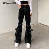 White Thread Casual Black Denim Pants Hip Hop High Waist Jeans Woman with Strips Harajuku Fashion Trousers