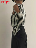 Fashion Black Striped T Shirt Women 2022 Autumn Casual Long Sleeve Hollow Out T-shirt Elegant Slim O-neck Female