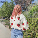 Fashion Elegant Cute Print Strawberry Single Breasted Sweater Women Autumn Thicken Warm Cardigan Sweater