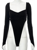 Patchwork Women Bodysuit Long Sleeve Square Collar Casual Sexy Bodycon Backless Streetwear Fitness Black Bodysuit