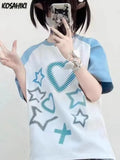 Japanese Y2k Aesthetic Heart Print T-shirt Preppy Loose Chic Sweet Tshirts Women Student Kawaii Fairy Harajuku Tee