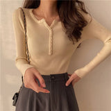 Sweater Women Solid Color O-neck Pullovers Basic Primer Pull Femme Button Chic Jumper Soft Slim Autumn Knitted