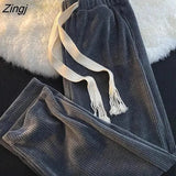 Leg Pants Women Solid Corduroy Chic Autumn New Stylish BF Workout Teens Trouser High Waist Loose All-match Pantalones