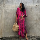 Printed V-neck Batwing Sleeve Side Split Loose Dress For Women Clothes Plus Size Beachwear Maxi Dress