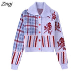 2022 Women Vintage Geometric Patchwork Flower Crochet Short Knitting Sweater Female Chic Buttons Casual Coat Tops