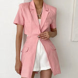 Open Back Short Sleeve Summer Blazer Women 2022 Tunics Korean Fashion Single Button Blazer Jacket Coat
