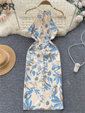Senior Pearl Halter Ladies Dress Off Shoulder Elastic Waist Bodycon Dress 2023 Female Print Sexy Slit Long