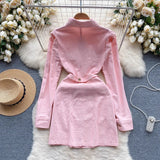 Zingj Denim Skirt Sweet Candy Temperament Shirt Collar Button Slim Design Fake Two Dresses For
