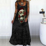 Vintage Punk Skull Print Party Dress Women Elegant O-Neck Sleeveless Sling Long Beach Casual Loose Long Summer