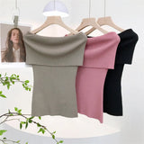 Retro Sexy Shoulder Repair Slimming Paper Pieces Knitted Vest T-Shirt Blouse Short Short