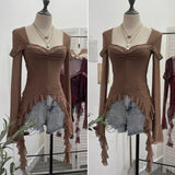 Double-Layer Screen Printing Hottie Retro Collar Horn Long-Sleeved Top Irregular Ribbon Short T-Shirt