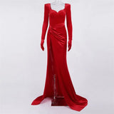 Women 2022 Spring New High Waist Split Floor-length Evening Party Dress with Gloves Sexy Long Maxi Prom Cocktail