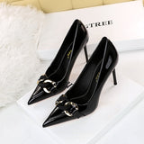 Zingj Fashion High Heels Women's Shoes Fine Heel Patent Leather Shallow Mouth Pointed Head High Heel Metal Belt Buckle Single