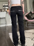 SUCHCUTE Punk Rivets Zipper Black Straight Jeans Gothic Low Waist Women Denim Trousers Aesthetic Streetwear Dark Academia